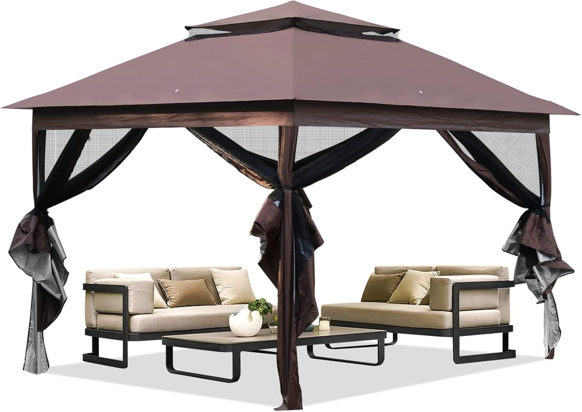 10'x10' Brown Pop Up Gazebo with Mosquito Netting Double Roof T9995