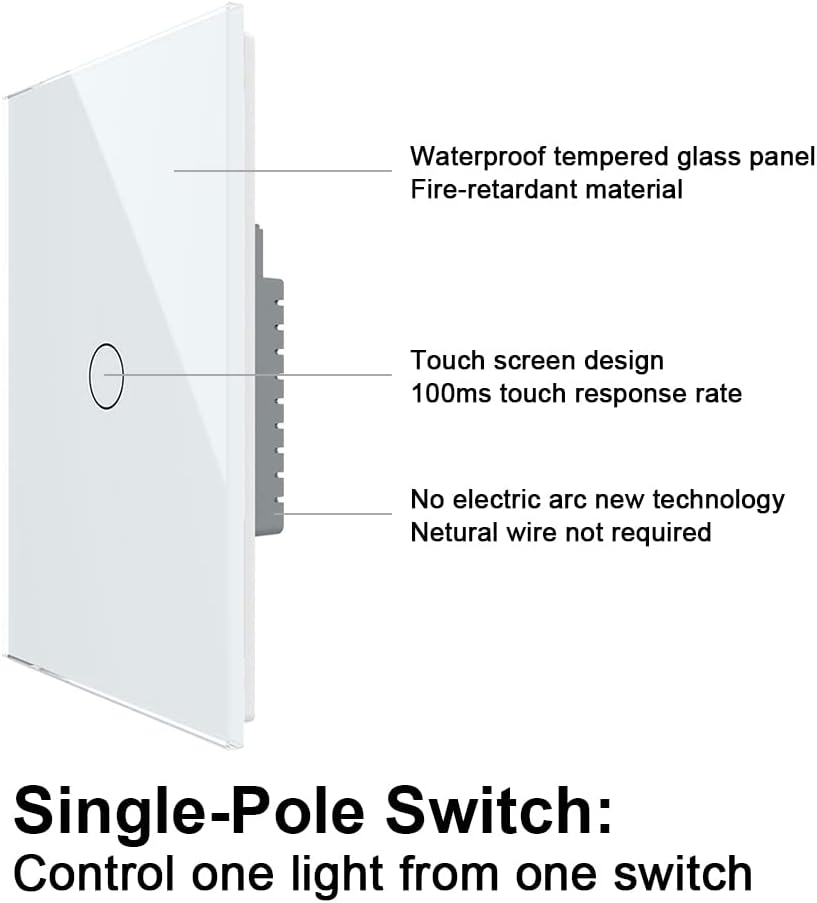 White 1 Gang 1 Way Tempered Glass Touch Light Switch, 2 Pack K763