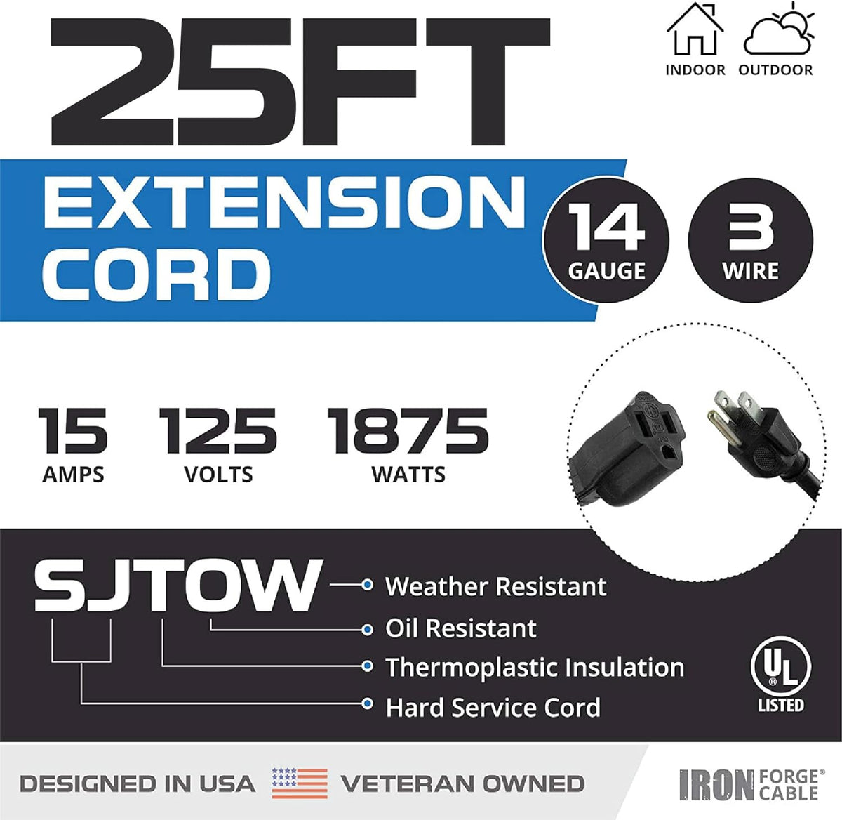 Black Oil Resistant 25 Ft Extension Cord 14/3 SJTOW Pack of 2 C17757