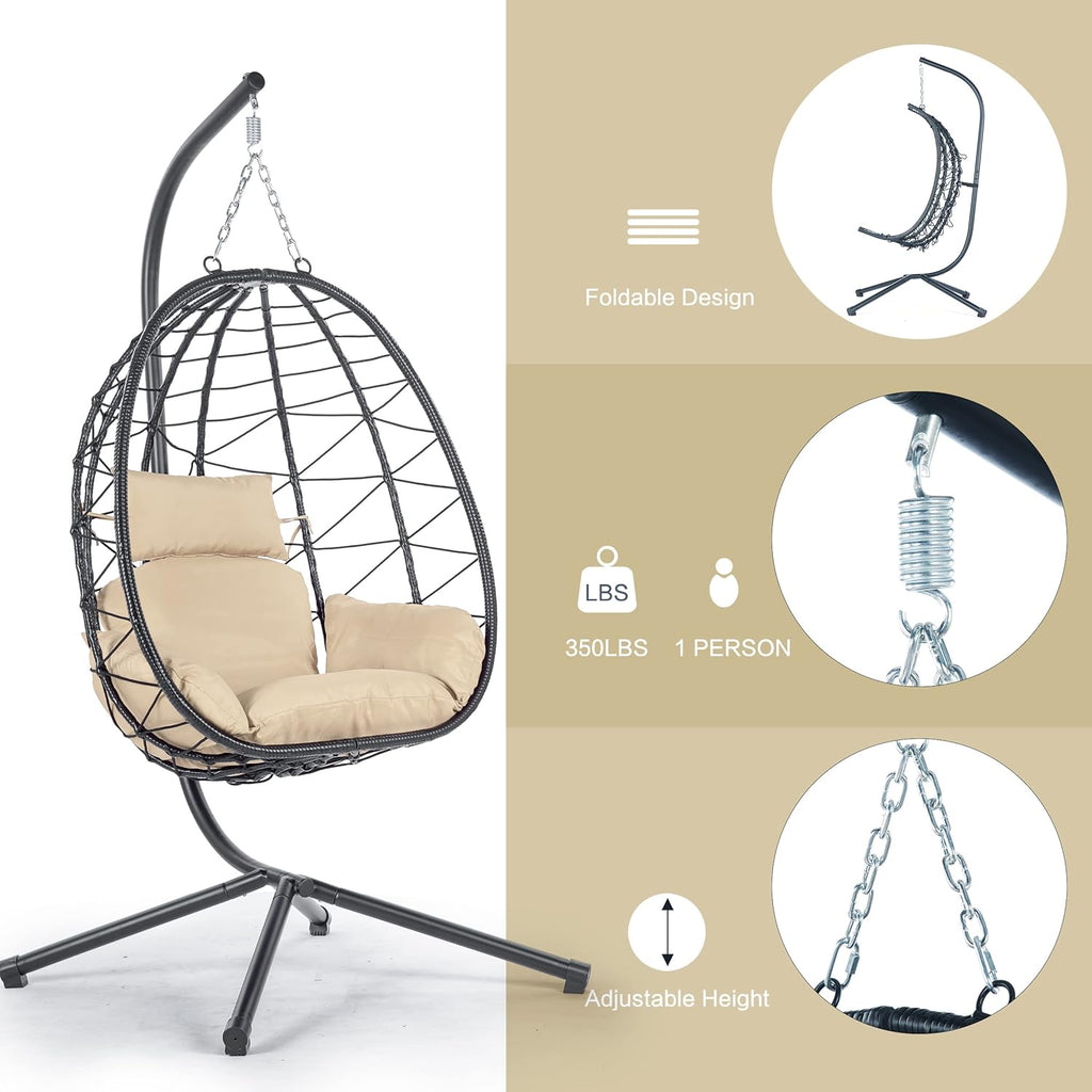 Egg Chair with Stand, Rattan Hanging Chair with Cushion O216