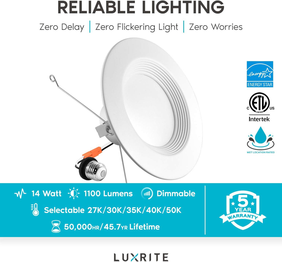 5/6 Inch LED Recessed Retrofit Downlight, 14W, Color Selectable, Dimmable, 1100 Lumens, 4 Pack X5846