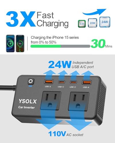 300W DC 12V to 110V AC Car Power Inverter with USB-C & USB-A L6946