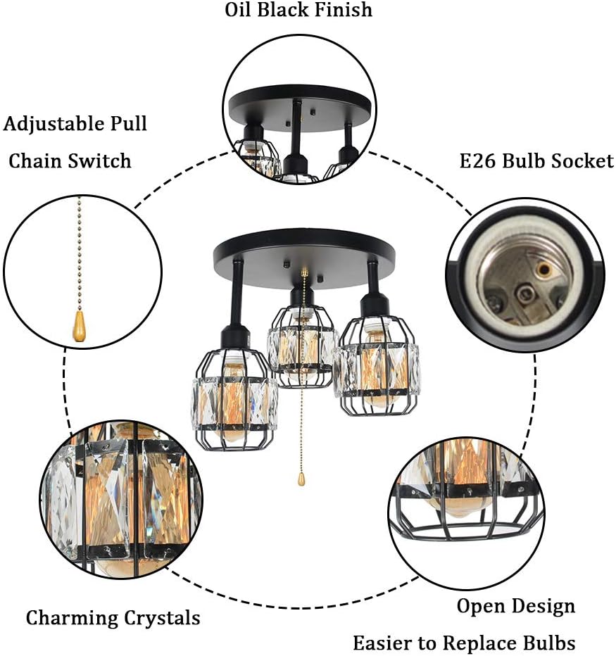 Black Metal Round Semi Flush Mount Ceiling Light with Pull Chain 3 Lights E26 J131