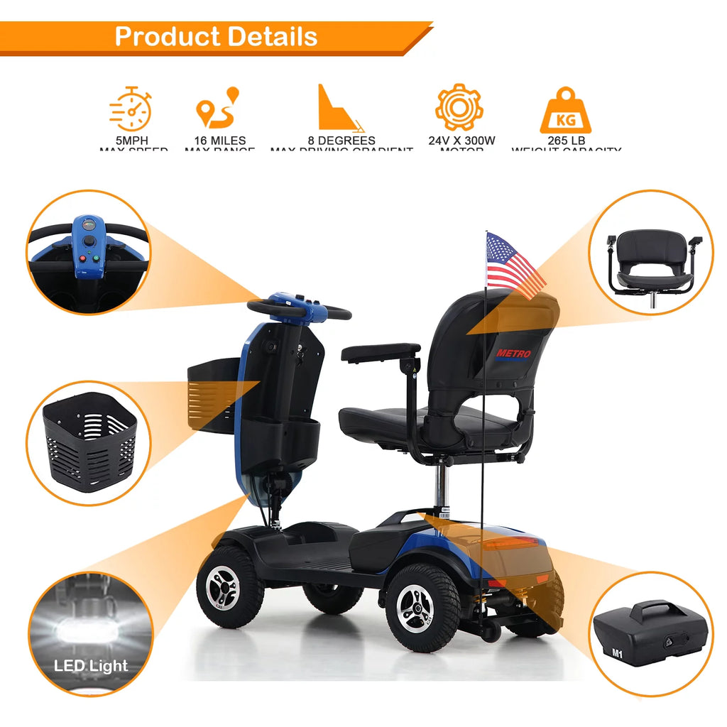 4 Wheels Foldable Mobility Scooter with LED Light and USB Port Red T8815