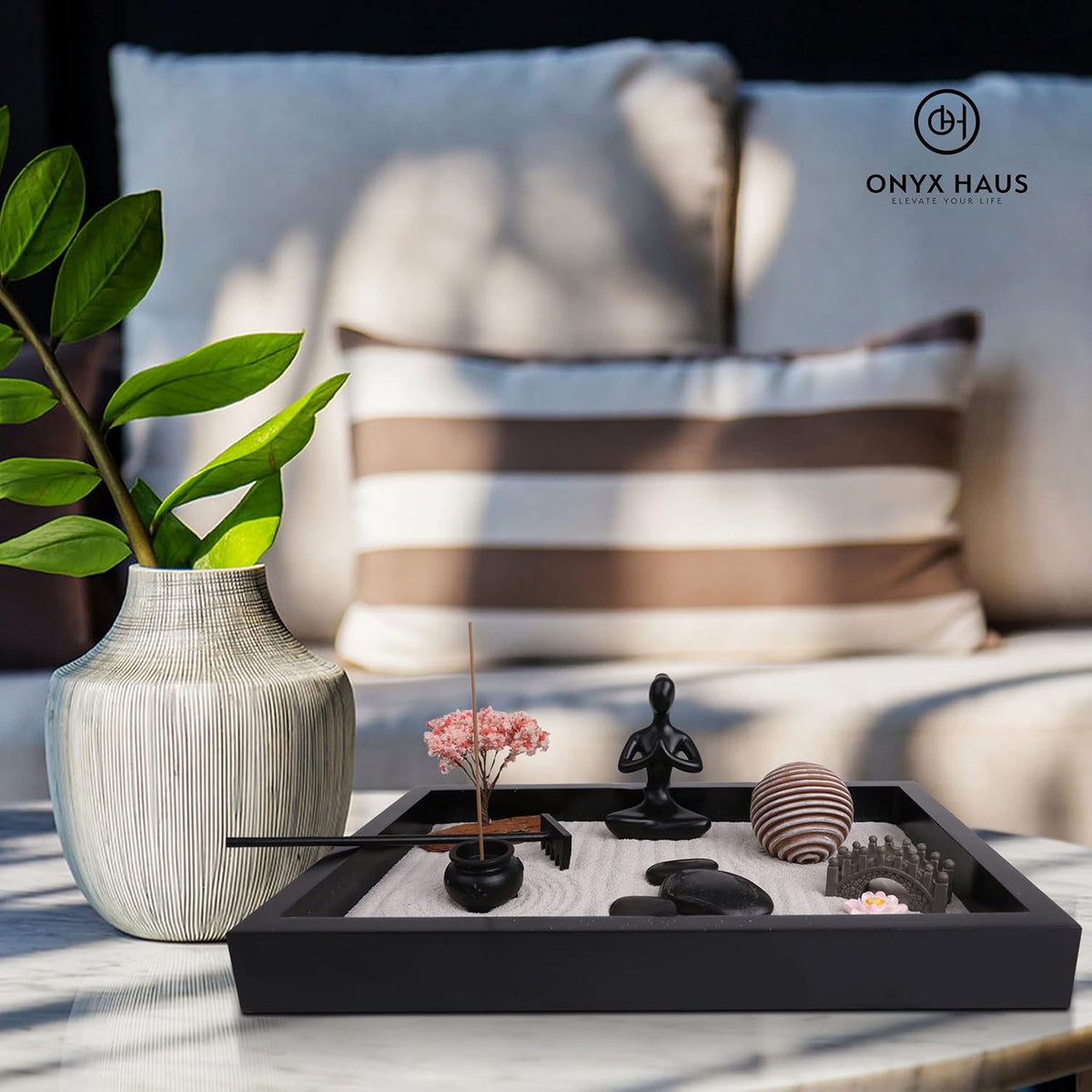 Zen Garden Desk Decor Set with Wooden Tray, White Sands, Rocks, Rake Tools, Pack of 2 F148