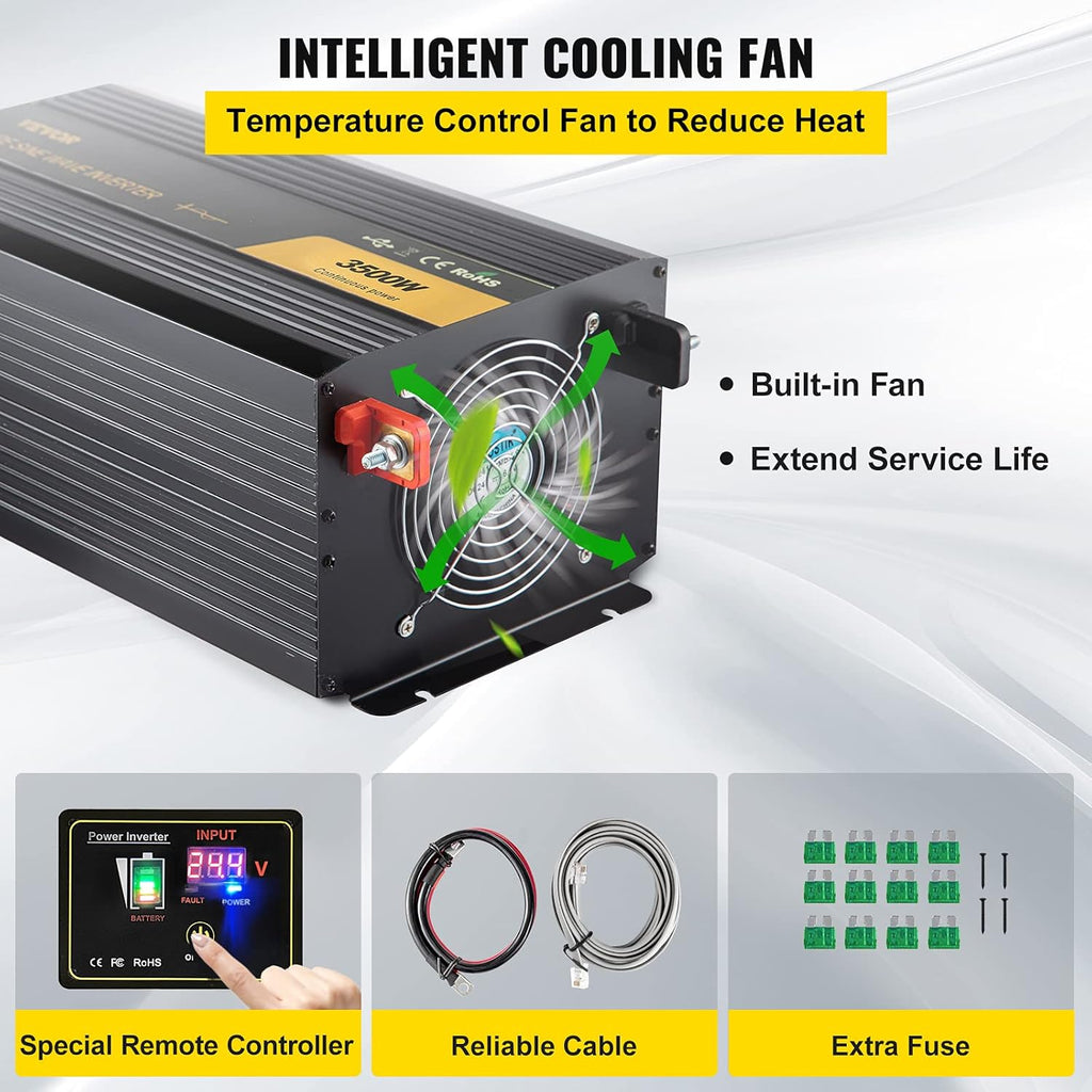 3500 Watt Pure Sine Wave Power Inverter, DC 24V to AC 120V, with USB Port and Remote Controller S876843