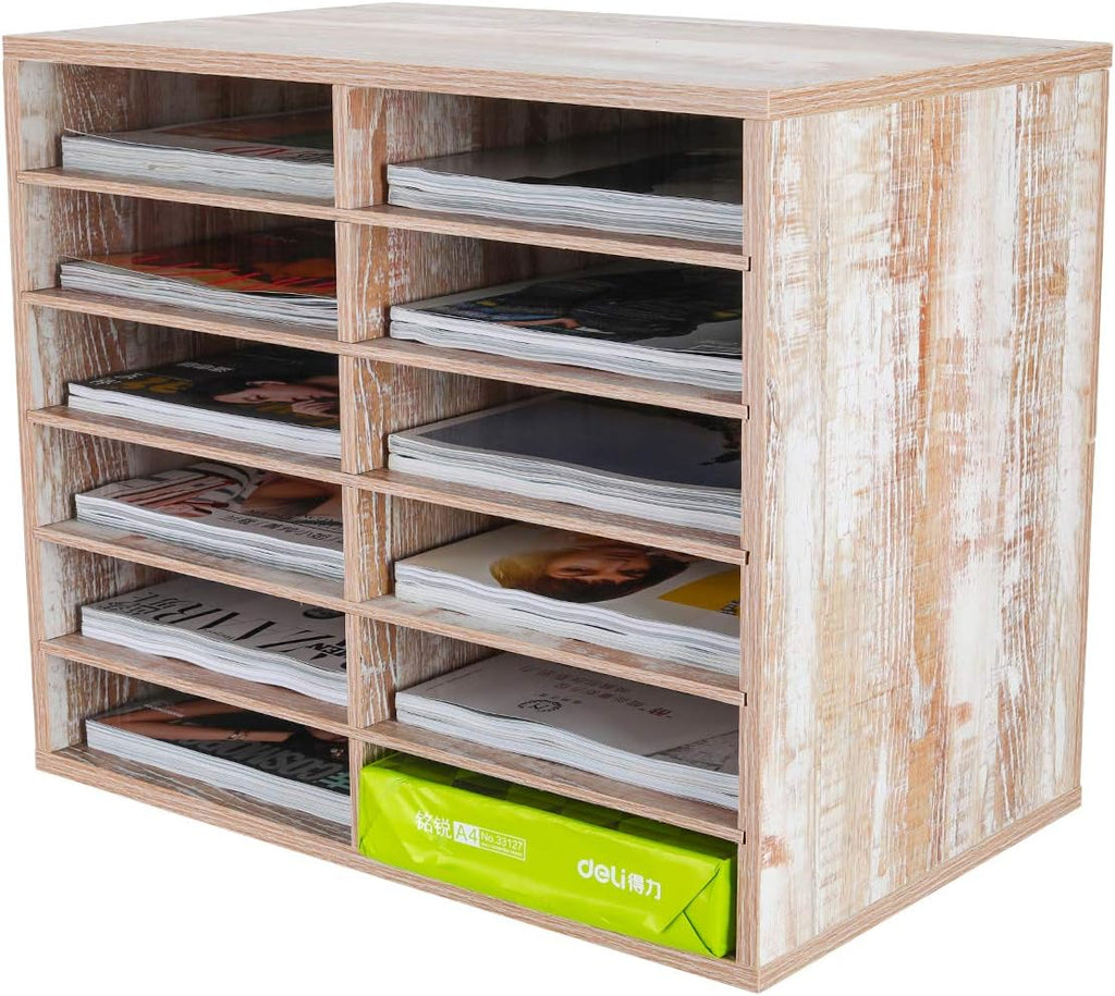 Retro Brown 12 Compartments Wood Desktop Literature Organizer U708604