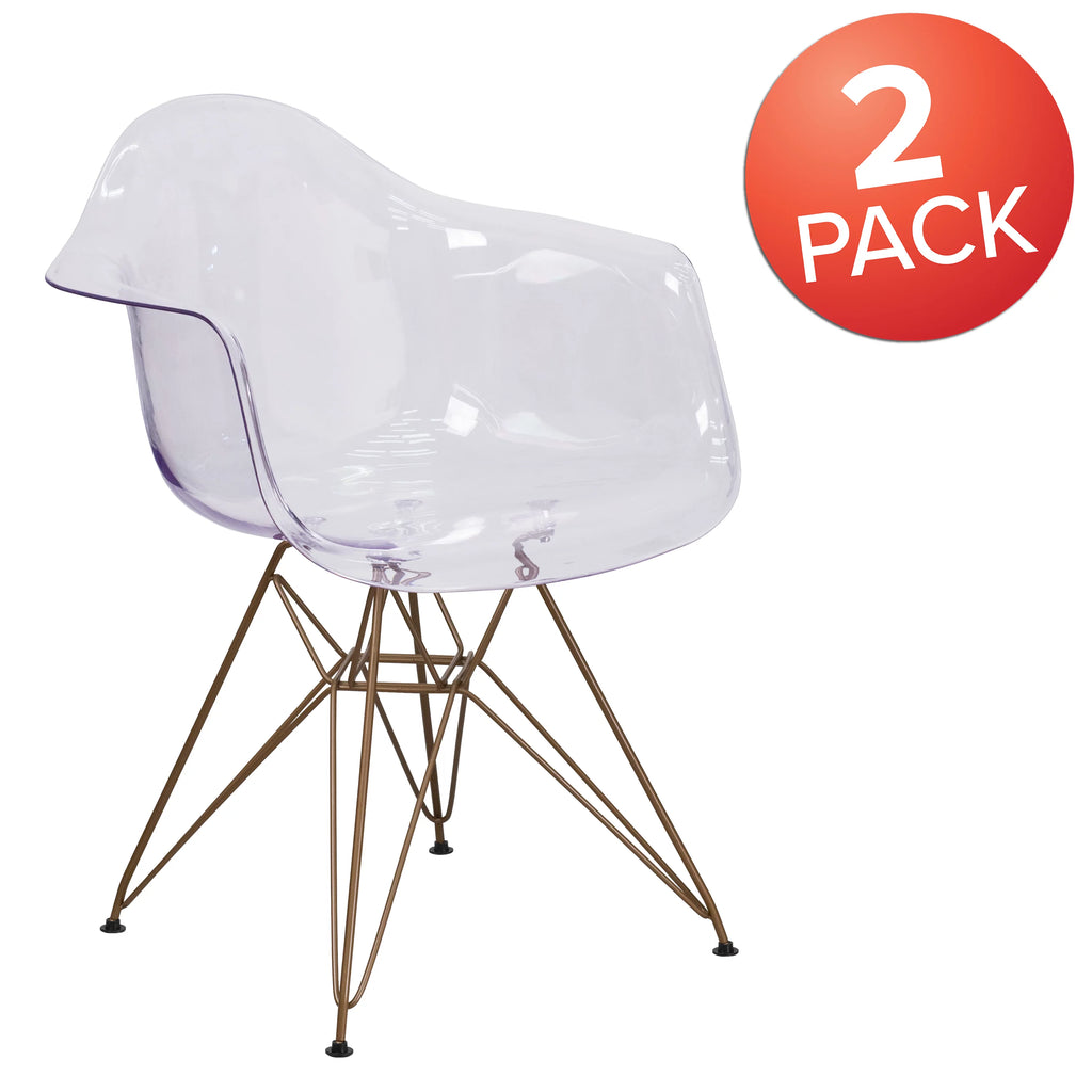 2 Pack Transparent Side Chair with Arms and Gold Base C706324