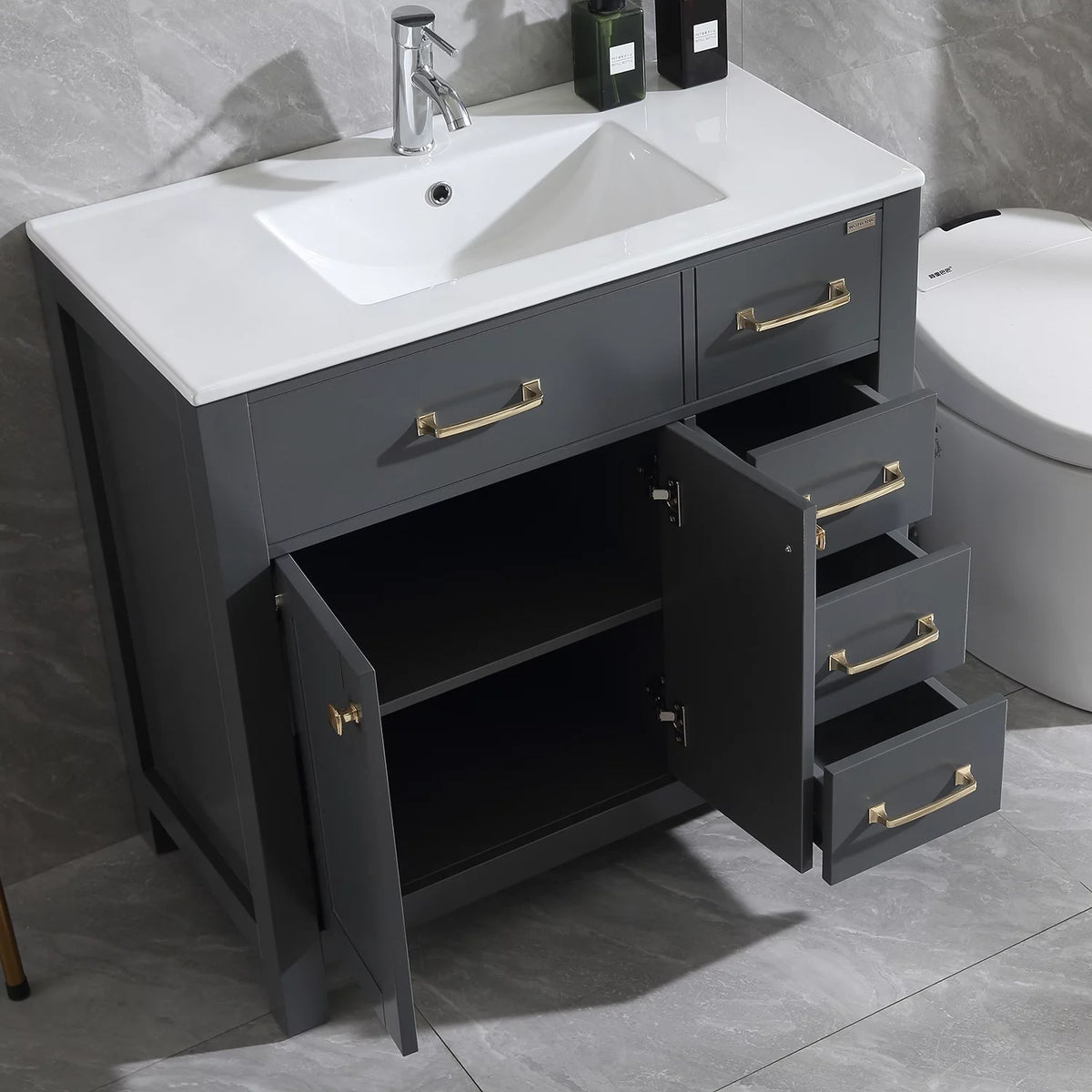 36" Gray Bathroom Vanity Cabinet with 2 Doors and 5 Drawers T927744