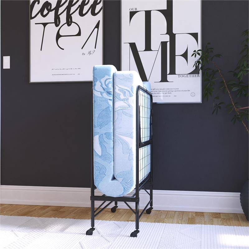 Twin Size Folding Guest Bed with Metal Frame and 5 inch Mattress in Black Z601