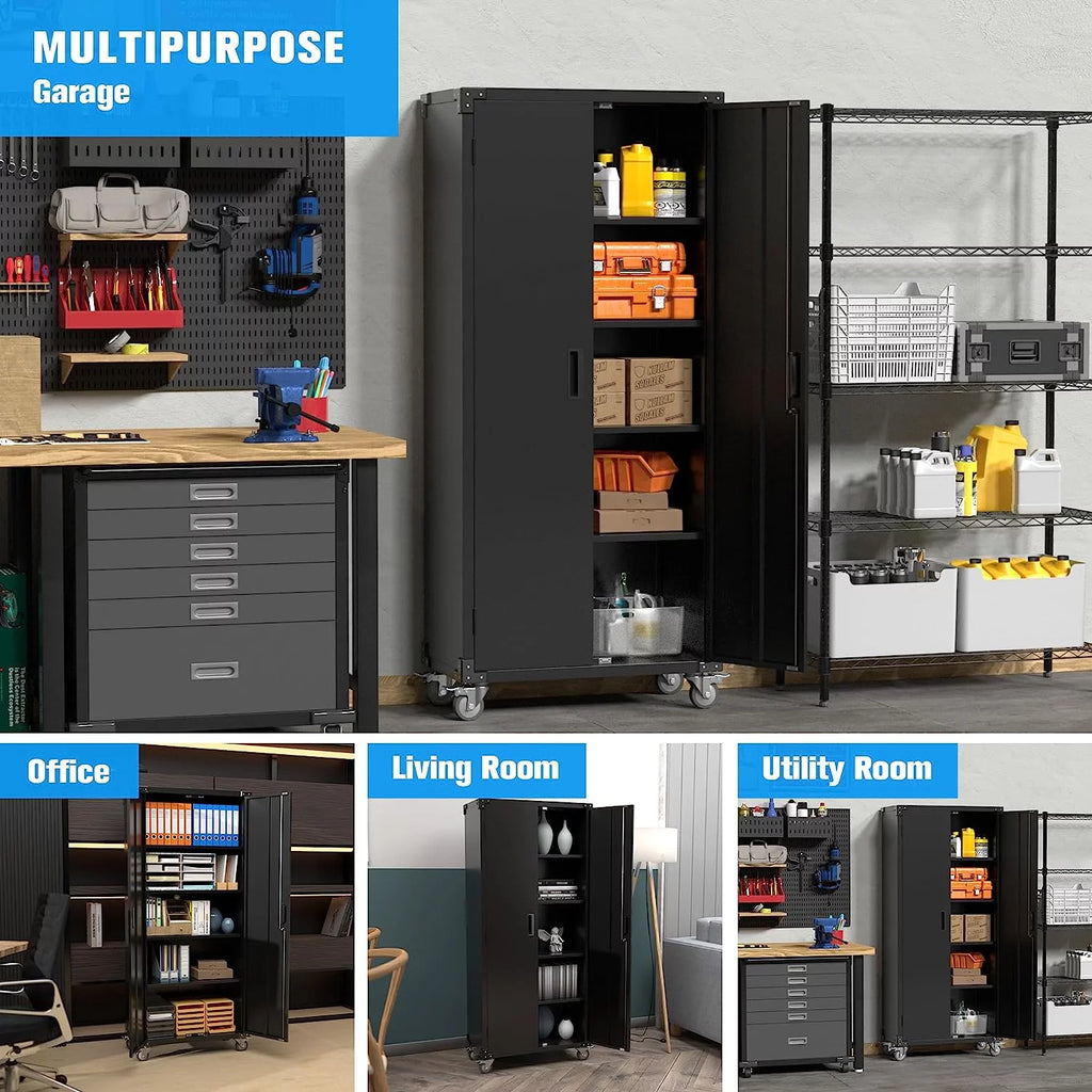 Metal Storage Cabinet with Lock, 72In Steel Storage Cabinet with Wheels, Black D4386