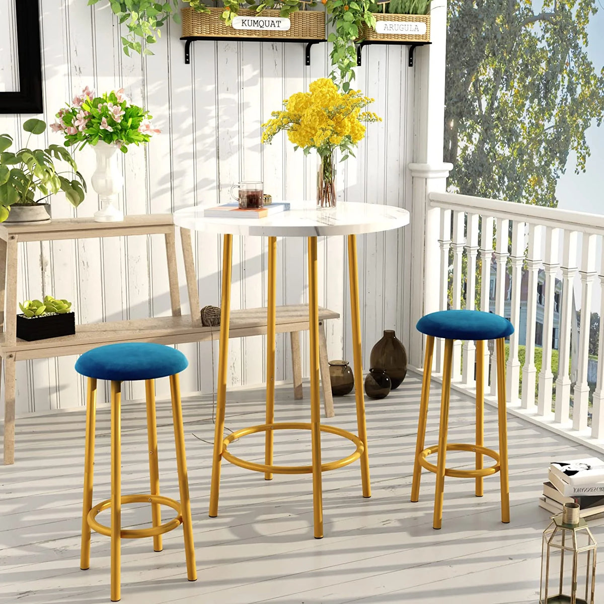 3 Pieces Round Faux Marble Bar Table and Chairs Set F84912