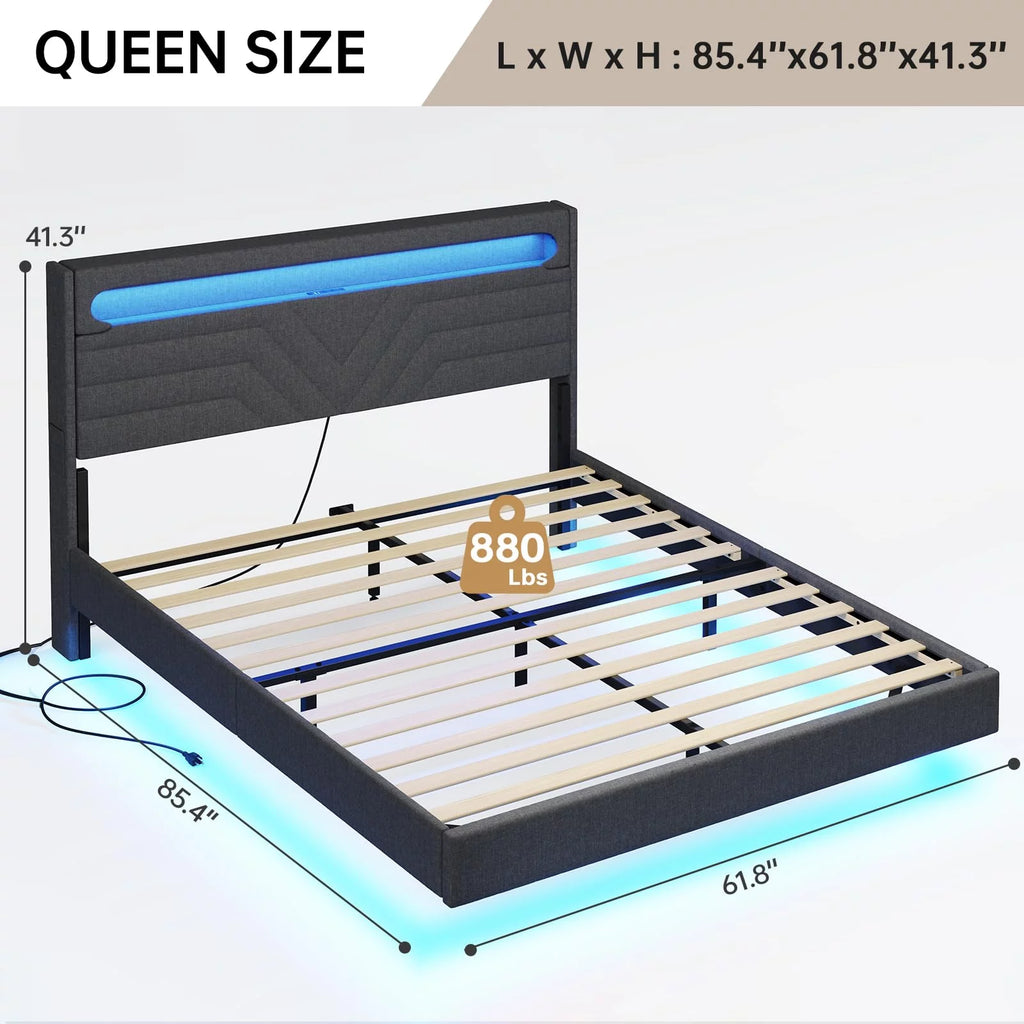 Queen Size Fabric Upholstered Platform Bed Frame with Storage Headboard H1892