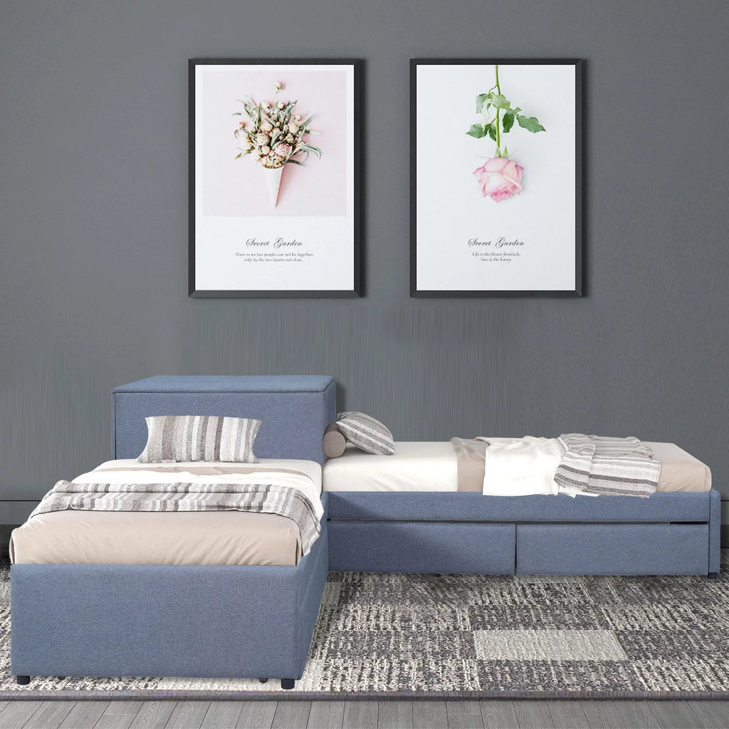 Grey L Shaped Platform Bed with Two Drawers and Built-in Desk D53272