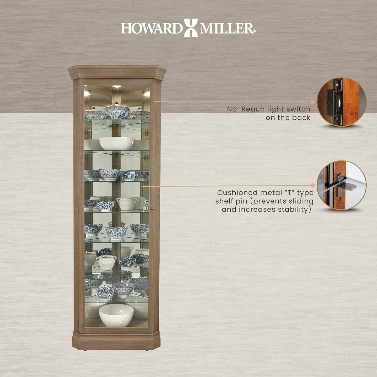 Aged Grey Curio Cabinet with Seven Glass Shelves T602