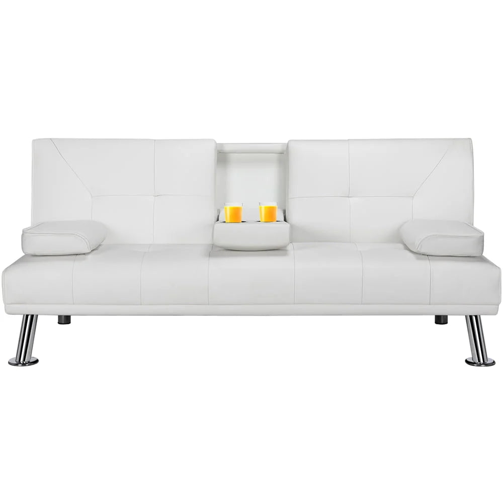 Gray Faux Leather Futon with Cupholders and Pillows N7676