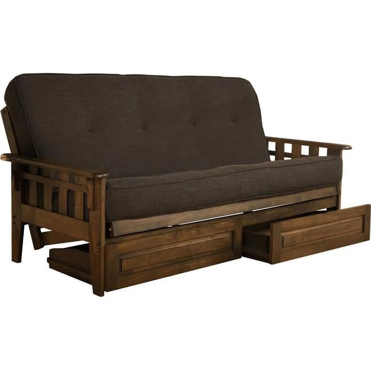 Walnut Full Size Futon Frame with Charcoal Mattress & Storage Drawers R469