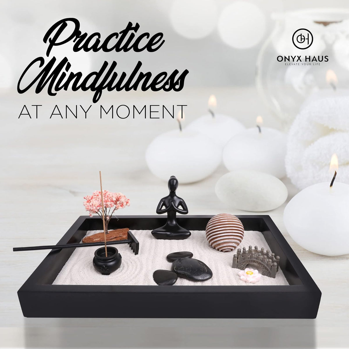 Zen Garden Desk Decor Set with Wooden Tray, White Sands, Rocks, Rake Tools, Pack of 2 F148