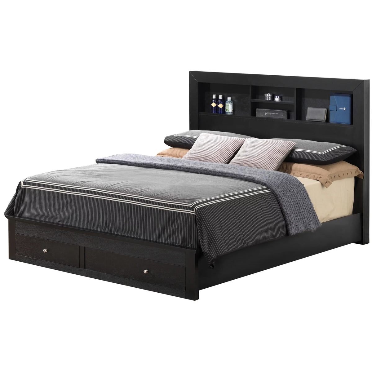 Black Queen Size Storage Platform Bed with Drawers and Shelves V2342