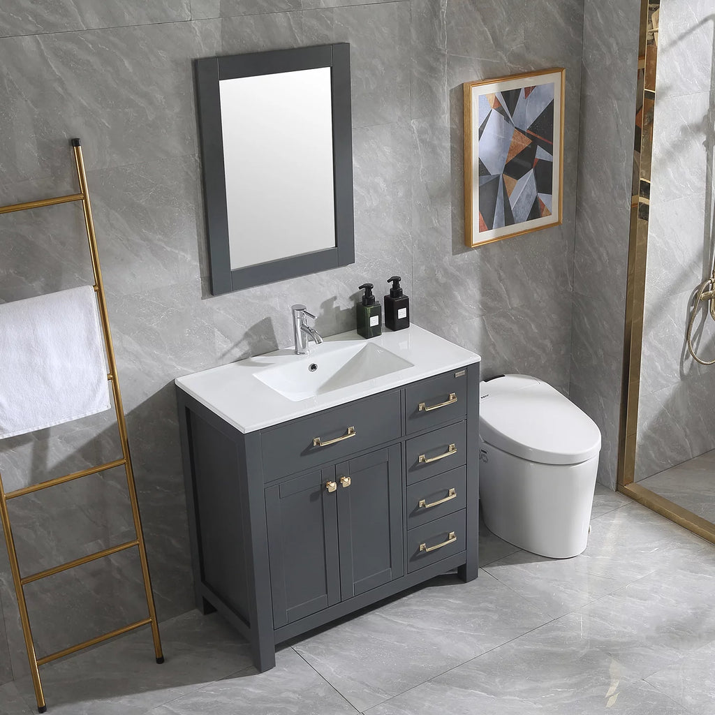 36" Gray Bathroom Vanity Cabinet with 2 Doors and 5 Drawers T927744