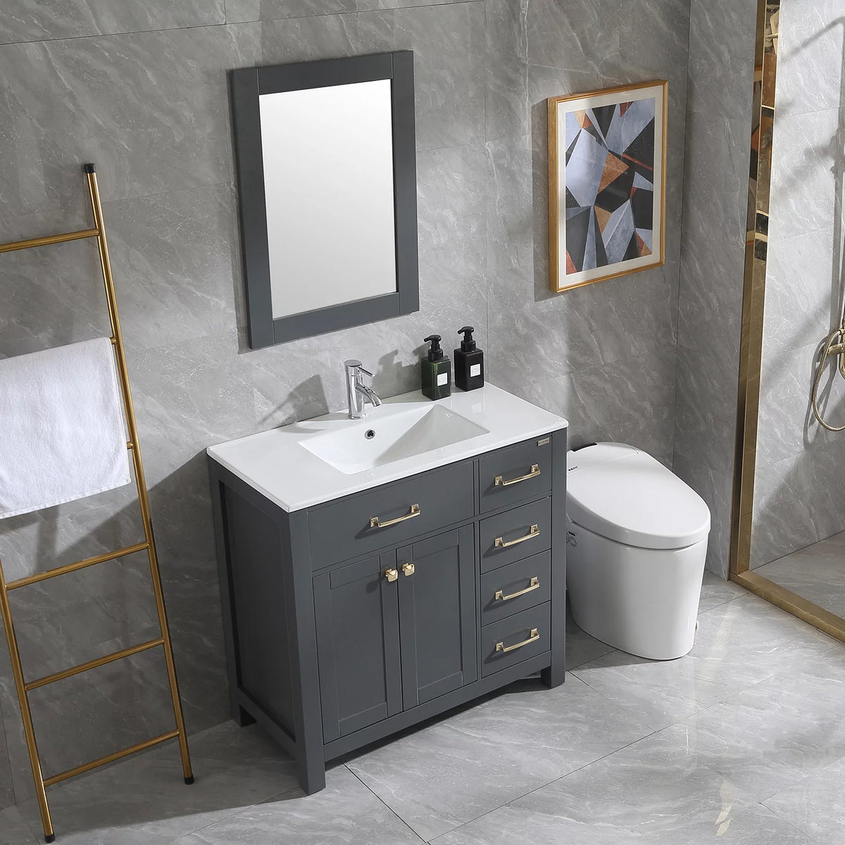 36" Gray Bathroom Vanity Cabinet with 2 Doors and 5 Drawers T927744
