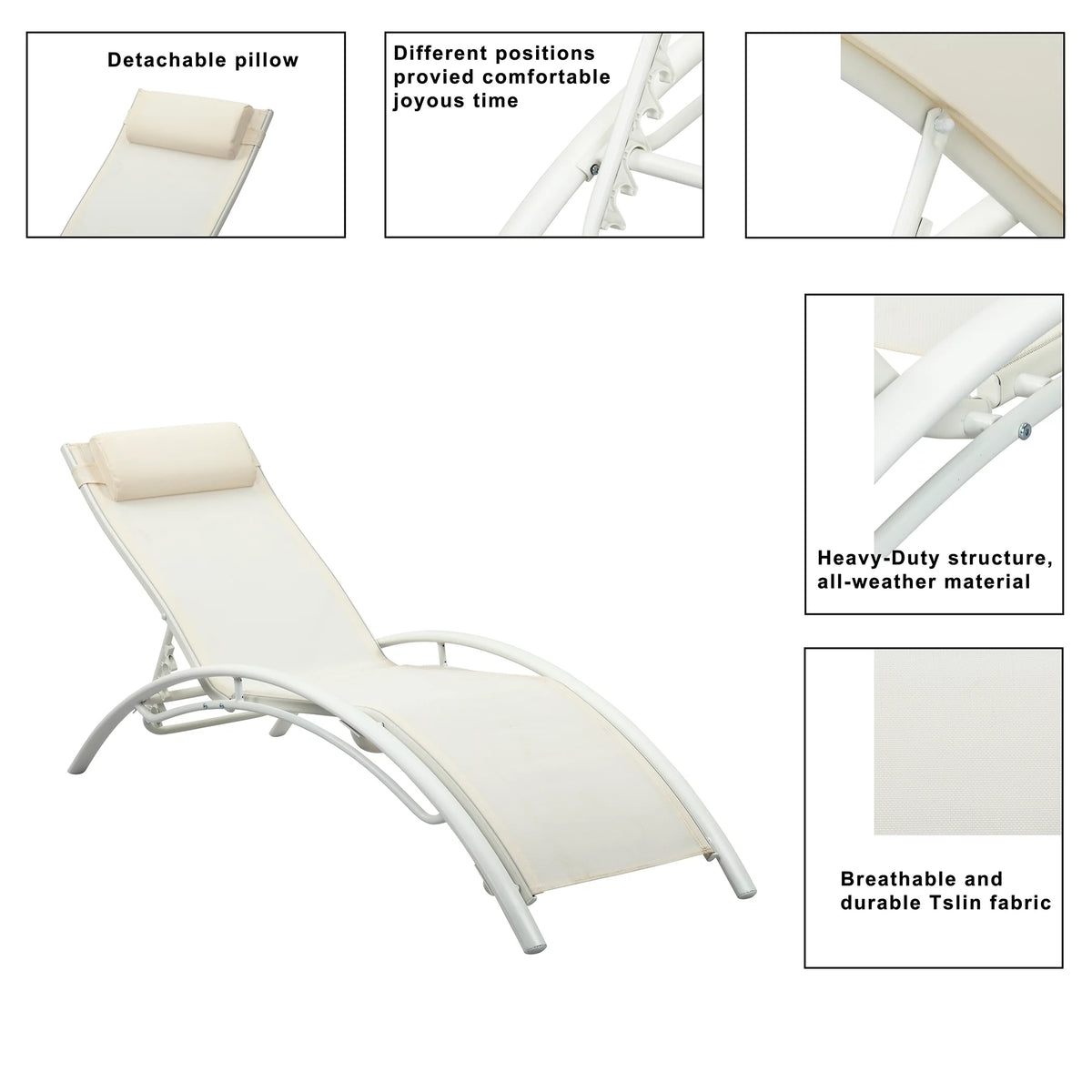 White Set of 2 Adjustable 5-Position Patio Chaise Lounges with Pillow W939