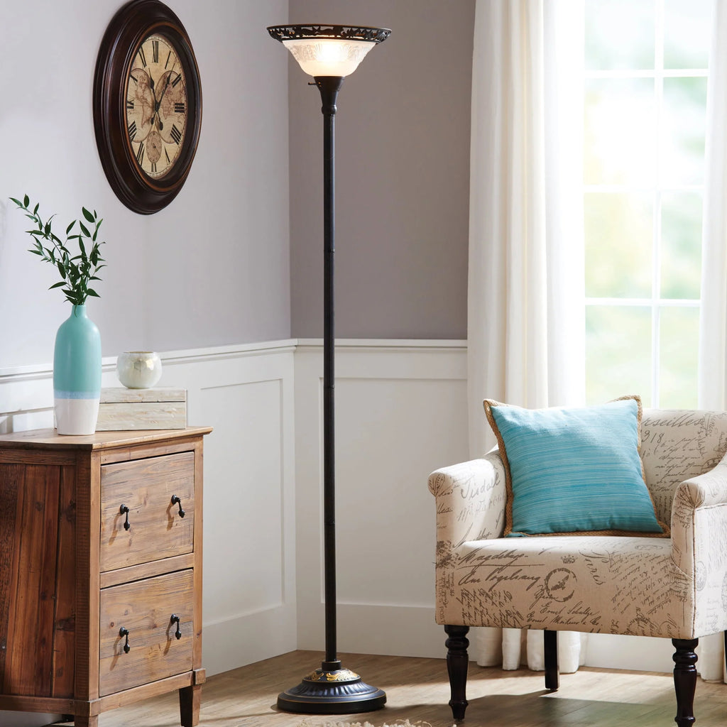 Bronze Victorian Floor Lamp with Etched Glass Shade P333