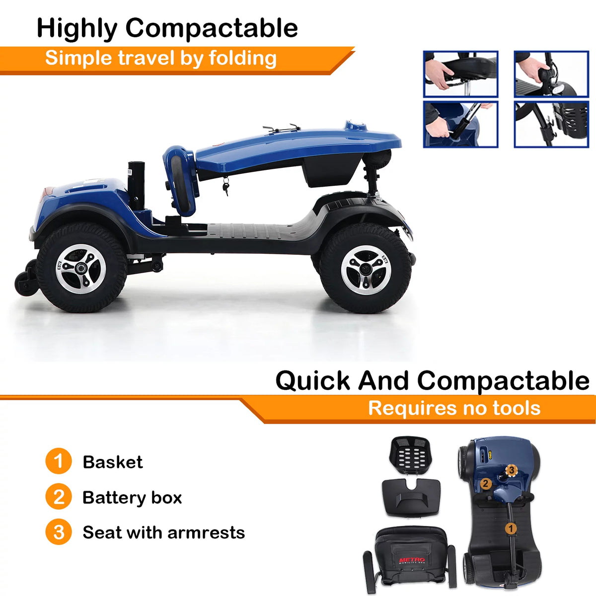 4 Wheels Foldable Mobility Scooter with LED Light and USB Port Red T8815