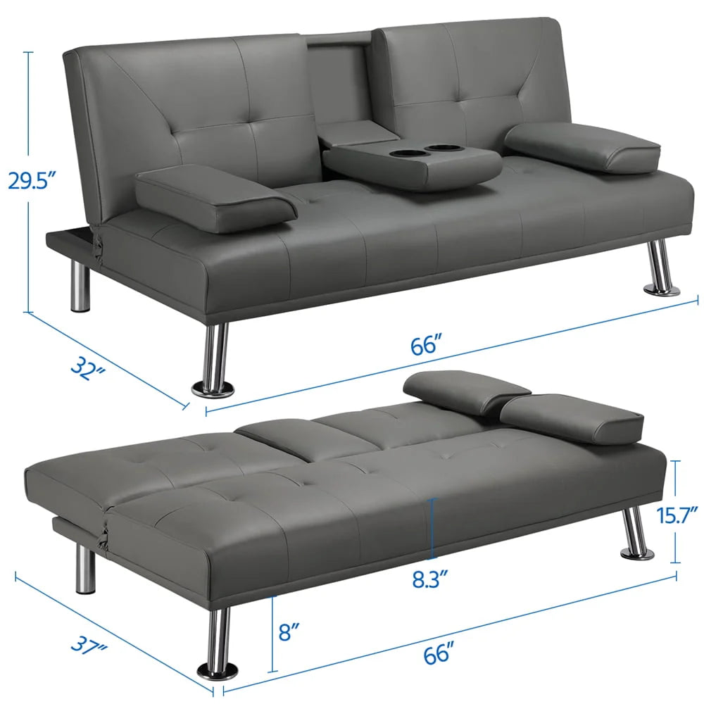 Gray Faux Leather Futon with Cupholders and Pillows N7676