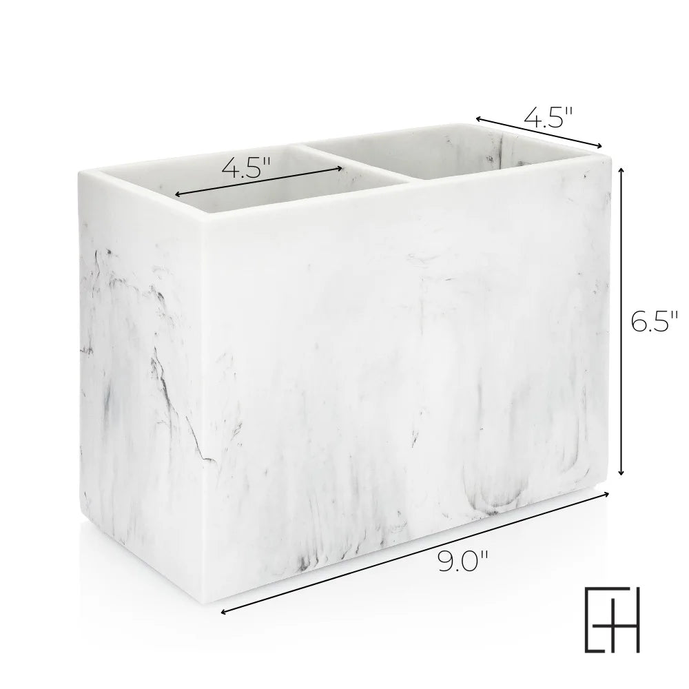 White Marble Rectangular Utensil Holder with Two Compartments I6048