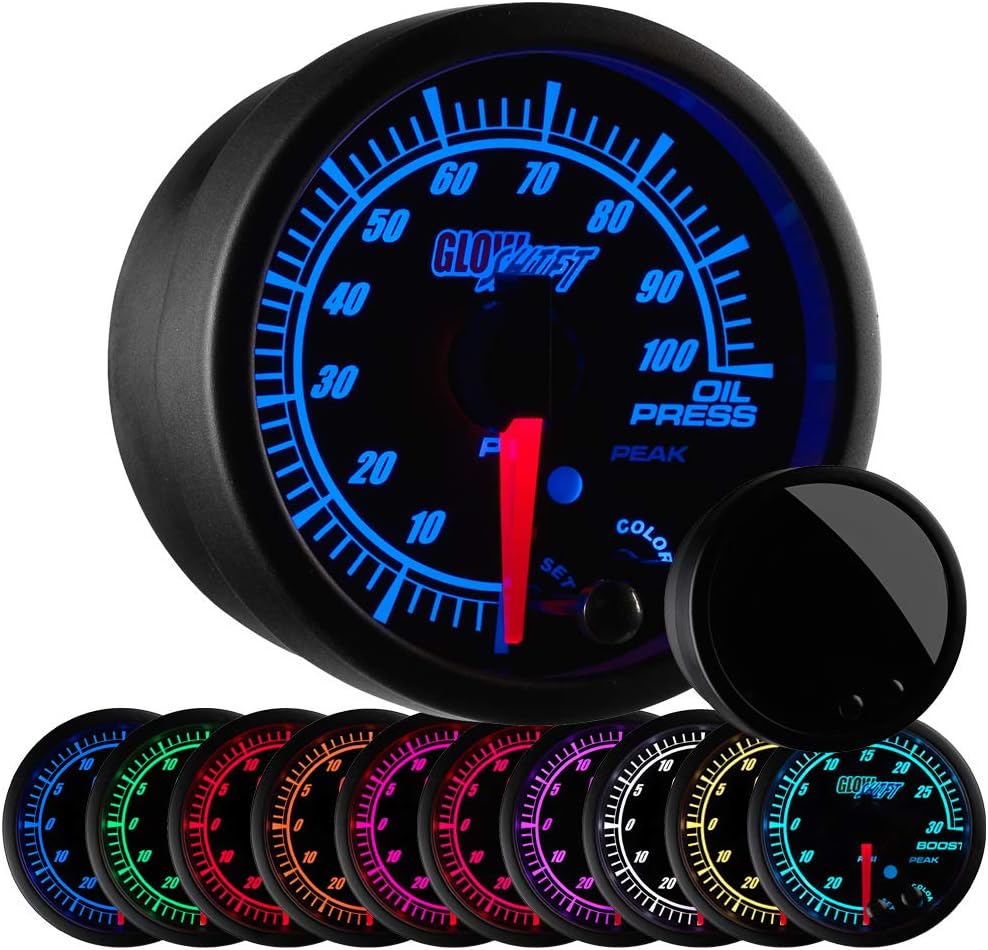 10 Color 100 PSI Oil Pressure Gauge Kit with Electronic Sensor, Black Dial, Tinted Lens, 2-1/16" 52mm M33162