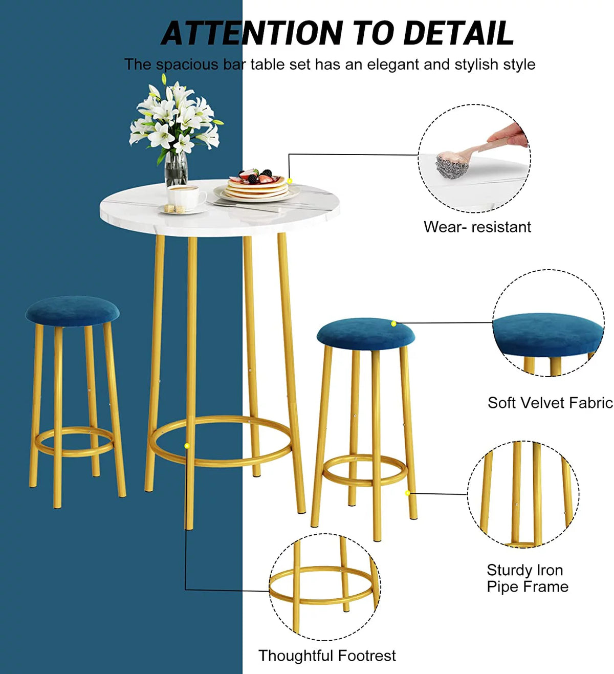 3 Pieces Round Faux Marble Bar Table and Chairs Set F84912
