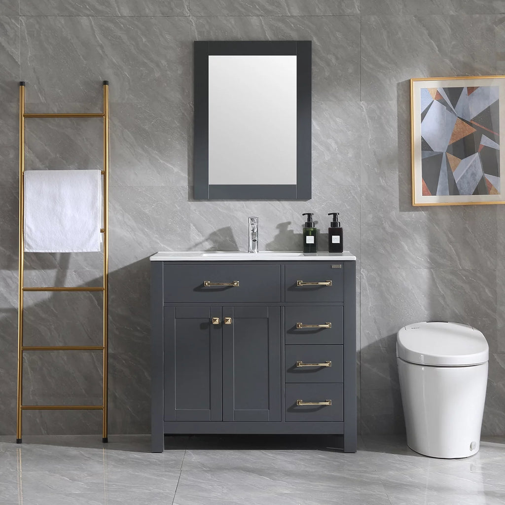 36" Gray Bathroom Vanity Cabinet with 2 Doors and 5 Drawers T927744