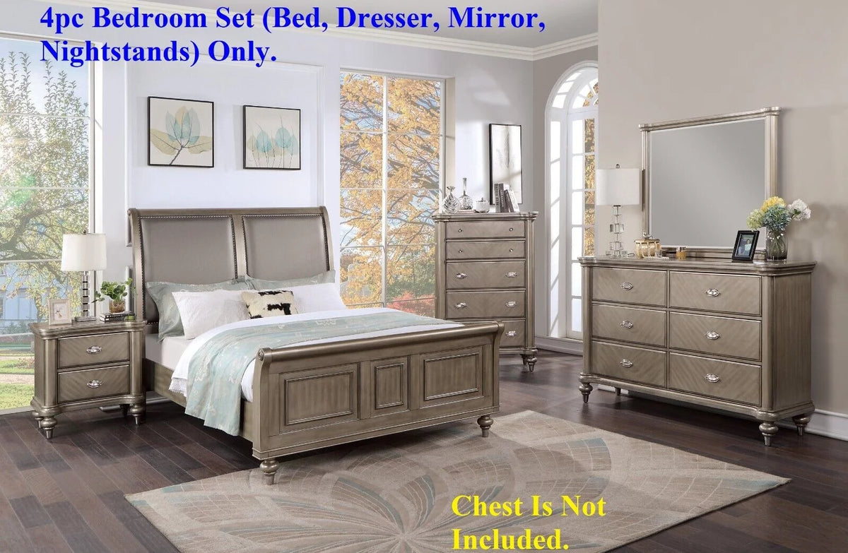 Grey 4p Eastern King Size Bed Dresser Mirror Nightstand G85551