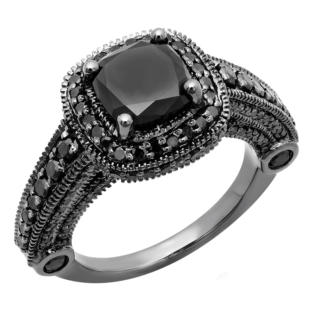 4.50 Carat Black Plated 14K Black Diamond Vintage Style Halo Bridal Engagement Ring D75321