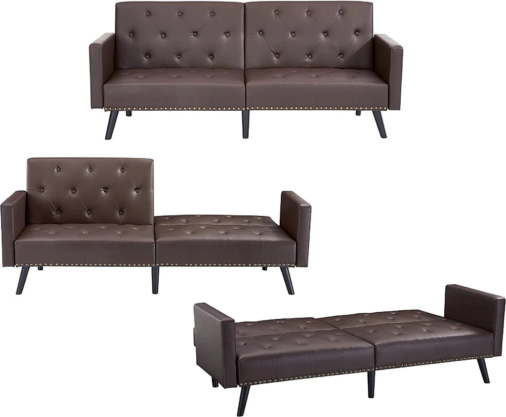Espresso Faux Leather Tufted Convertible Sofa Bed X75882