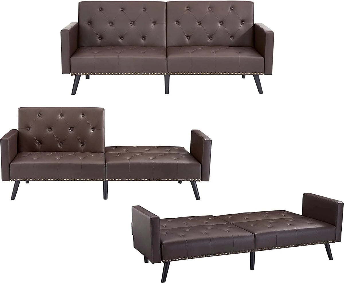 Espresso Faux Leather Tufted Convertible Sofa Bed X75882
