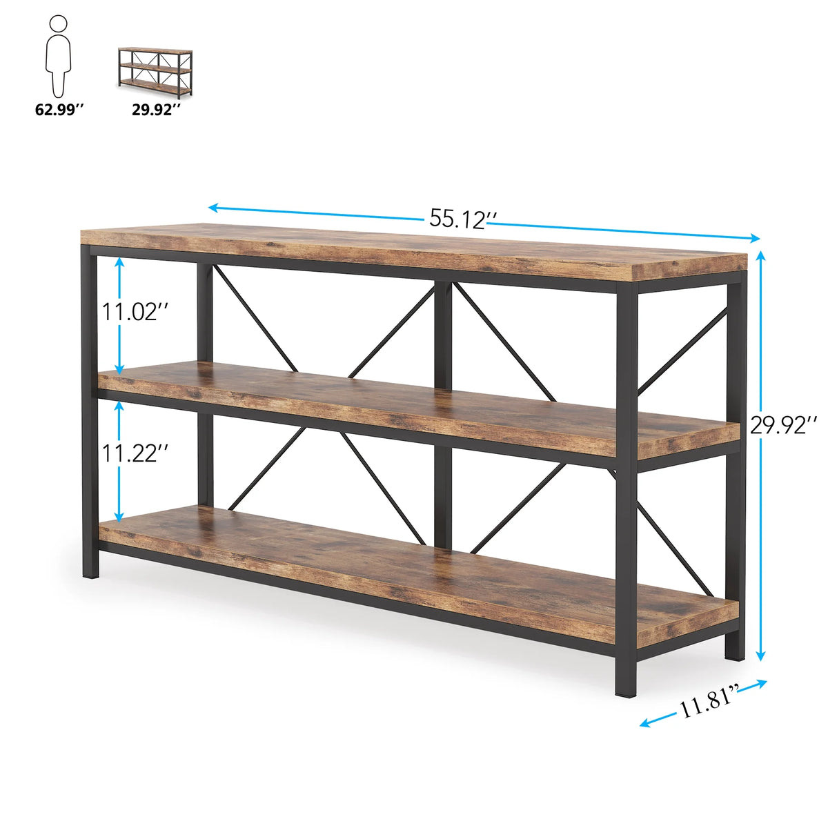 Rustic Industrial 55 Inch Sofa Table with Shelves T104239