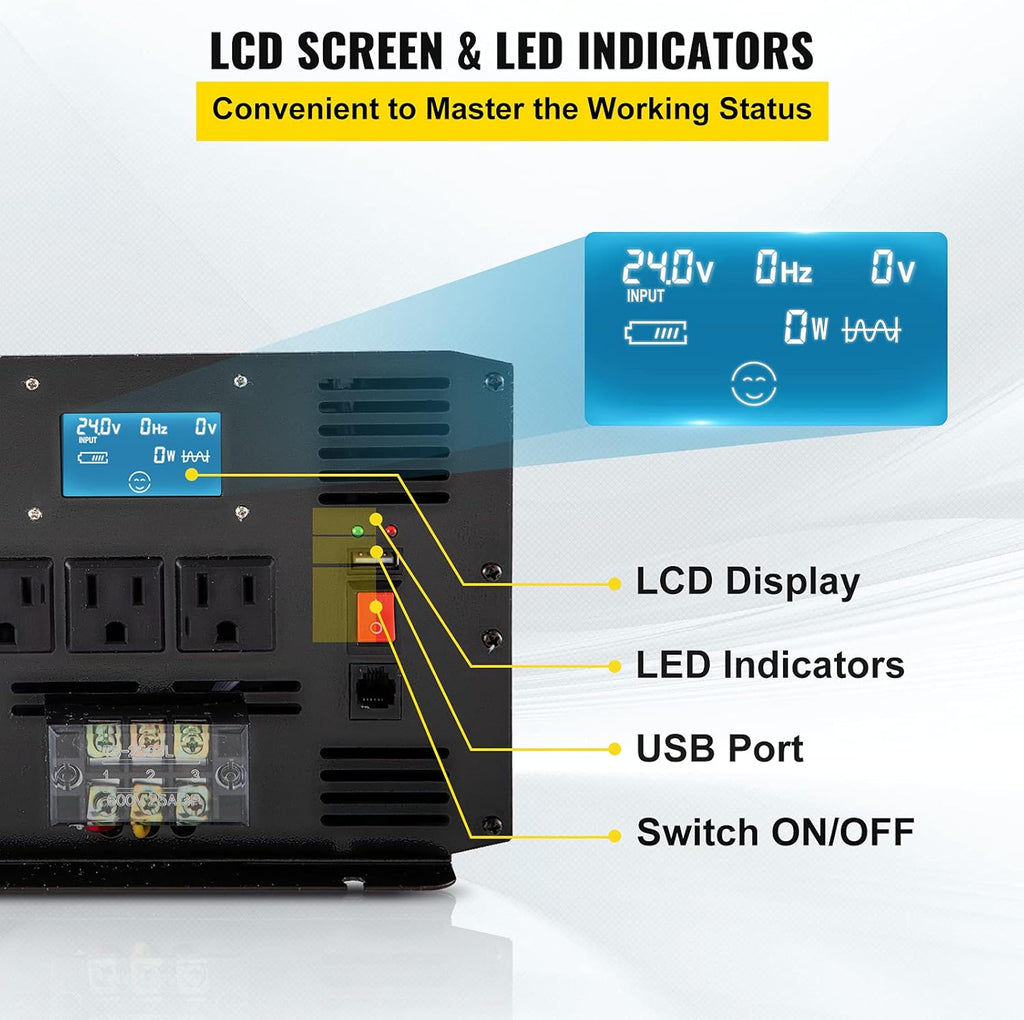 3500 Watt Pure Sine Wave Power Inverter, DC 24V to AC 120V, with USB Port and Remote Controller S876843