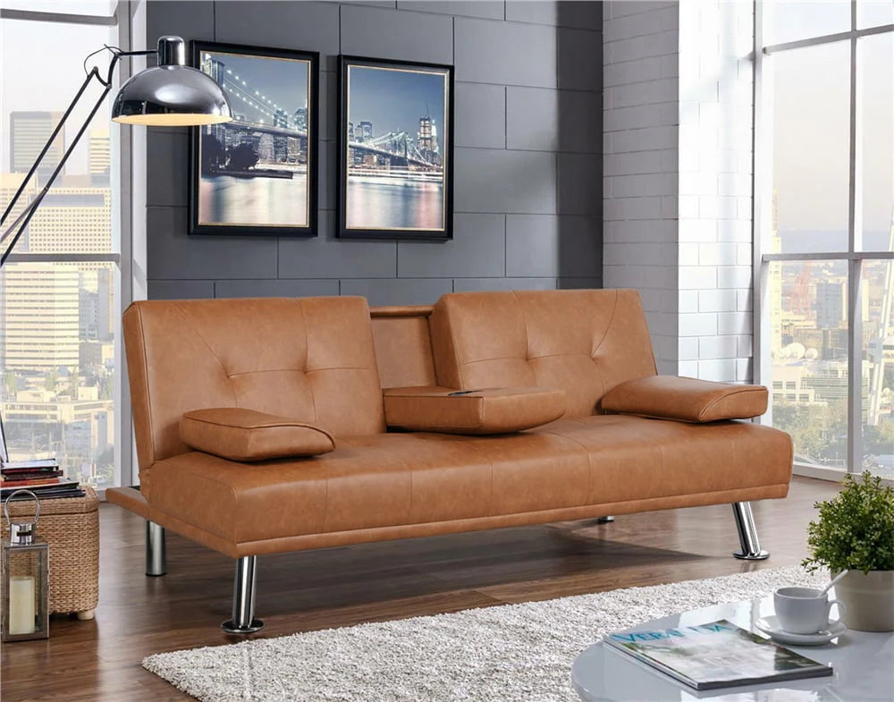 Gray Faux Leather Futon with Cupholders and Pillows N7676