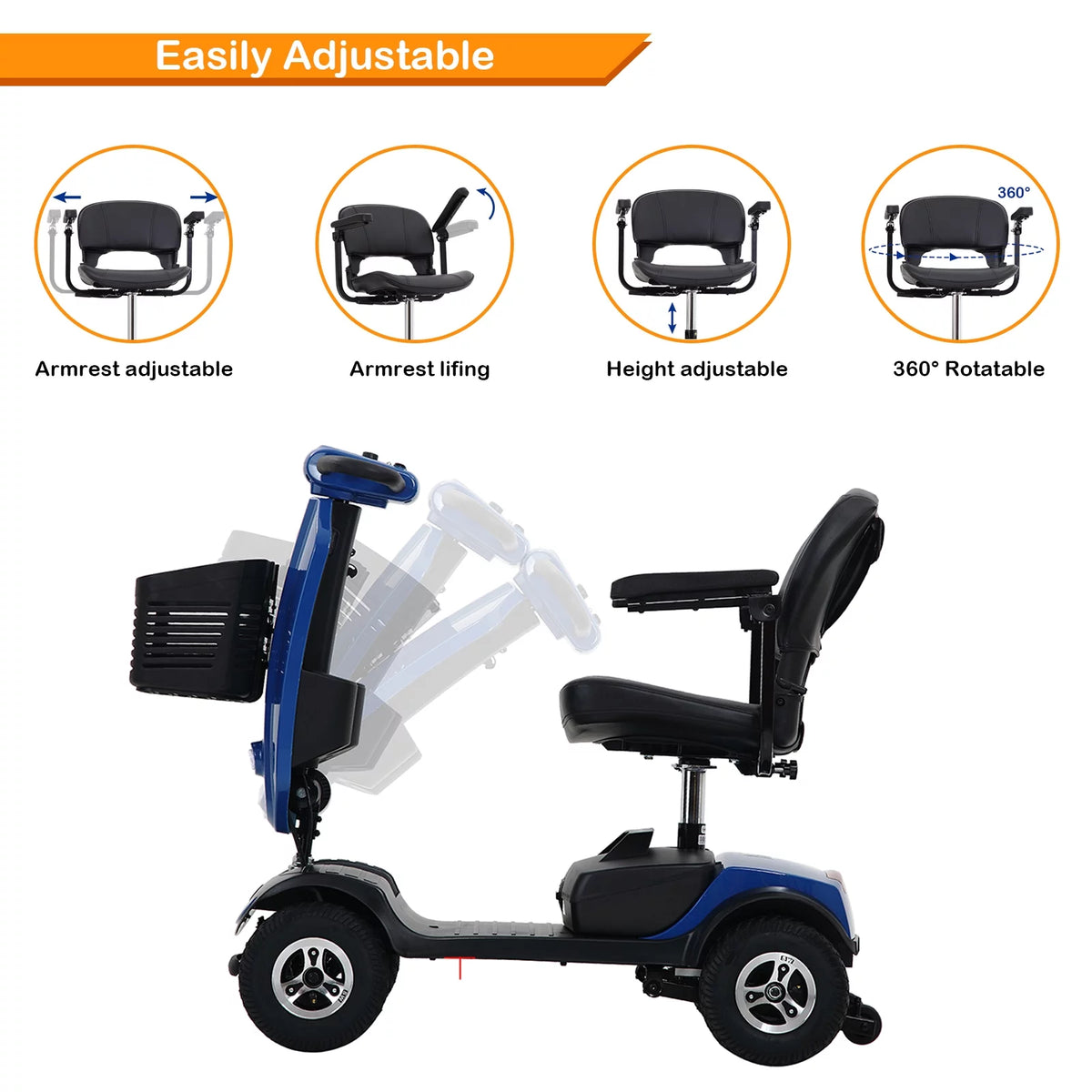4 Wheels Foldable Mobility Scooter with LED Light and USB Port Red T8815