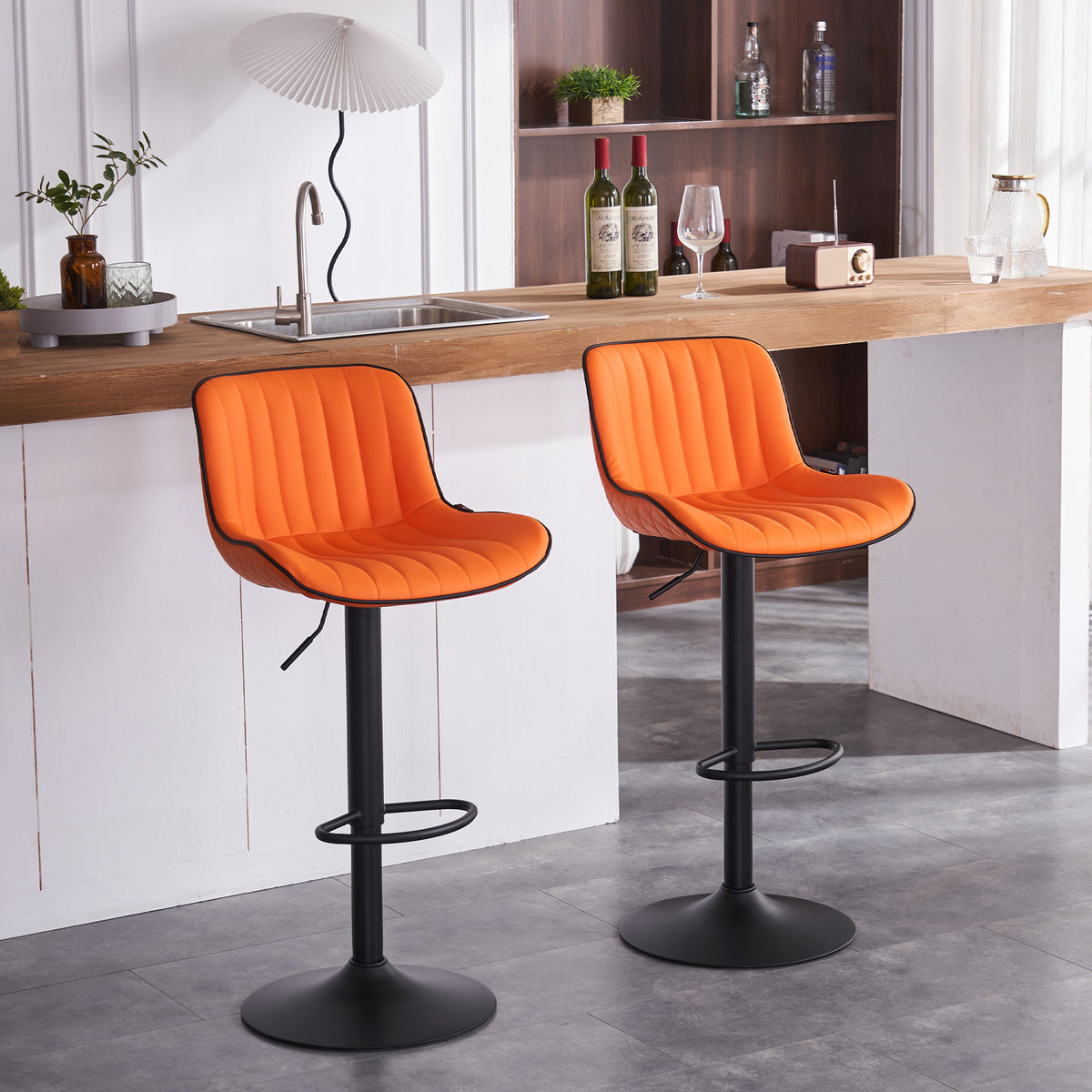 Orange PU Leather Adjustable Swivel Bar Stools Set of 2 O923