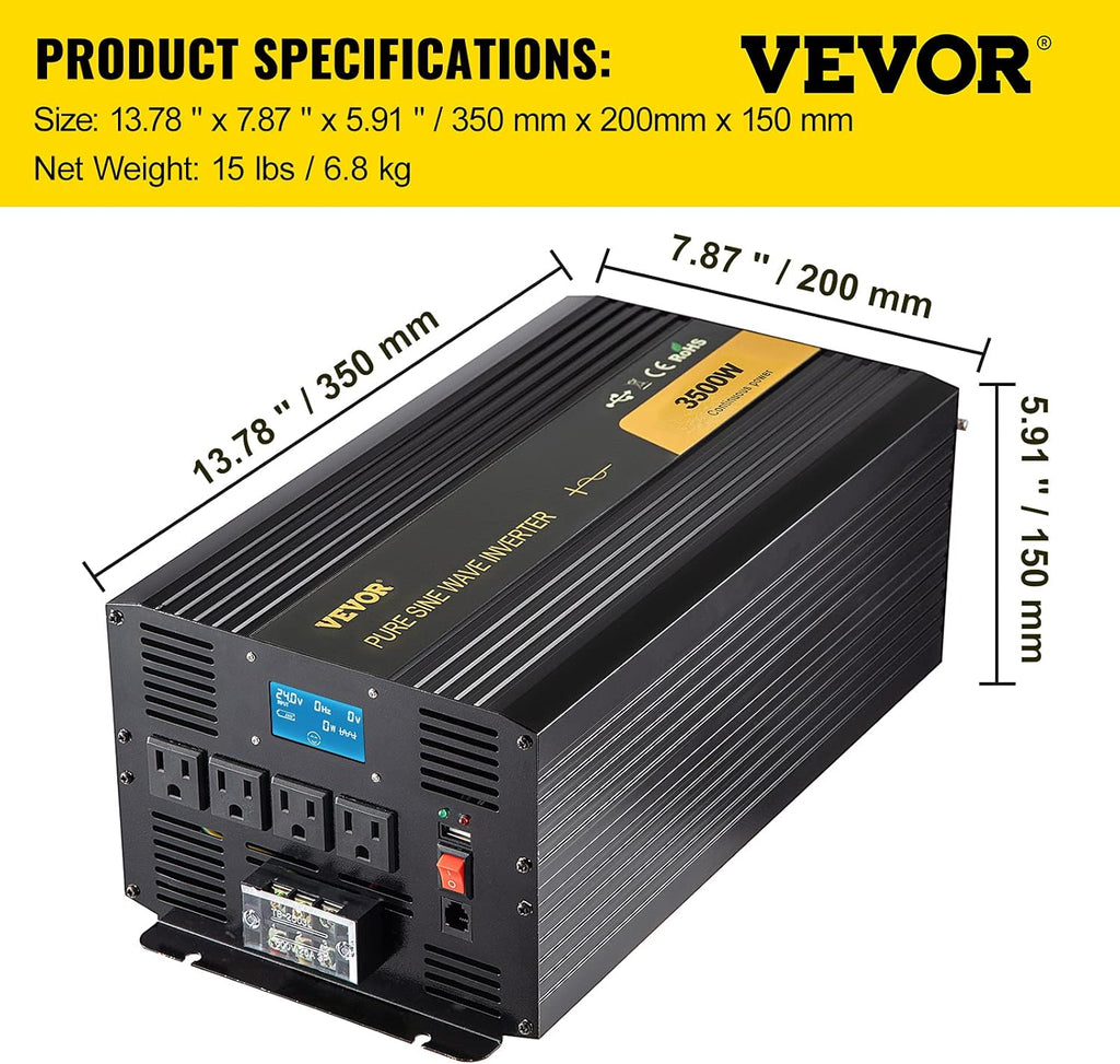 3500 Watt Pure Sine Wave Power Inverter, DC 24V to AC 120V, with USB Port and Remote Controller S876843