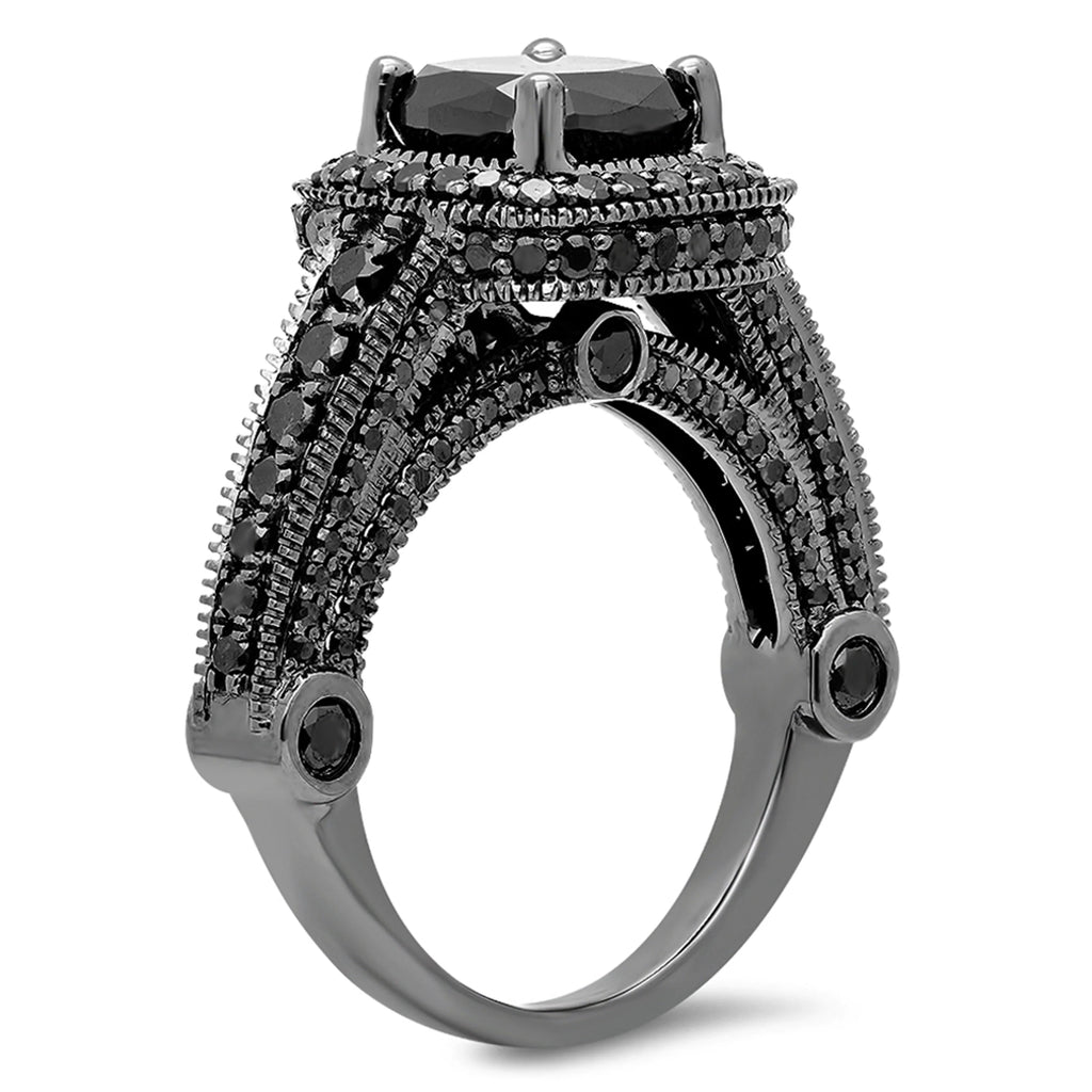 4.50 Carat Black Plated 14K Black Diamond Vintage Style Halo Bridal Engagement Ring D75321