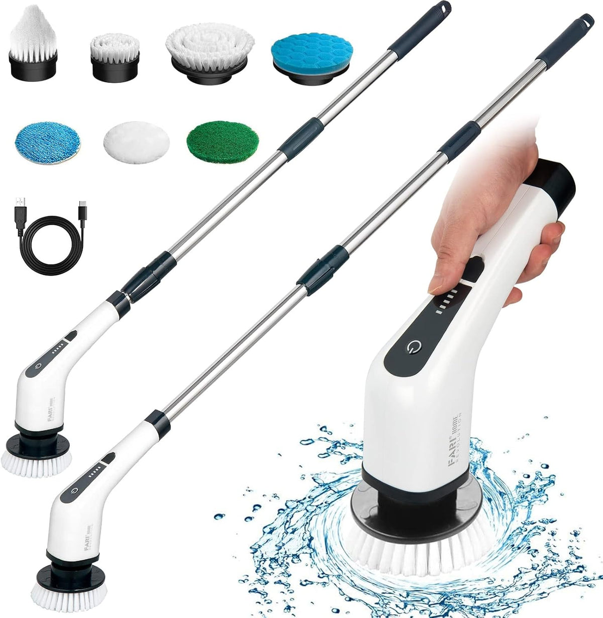 White Cordless Electric Spin Scrubber with 7 Brush Heads, Adjustable Handle, Pack of 2 W1587