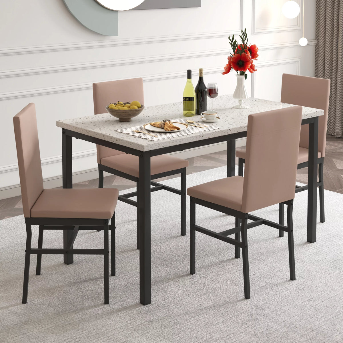 5-Piece Faux Marble Top Velvet Dining Table Set O6607