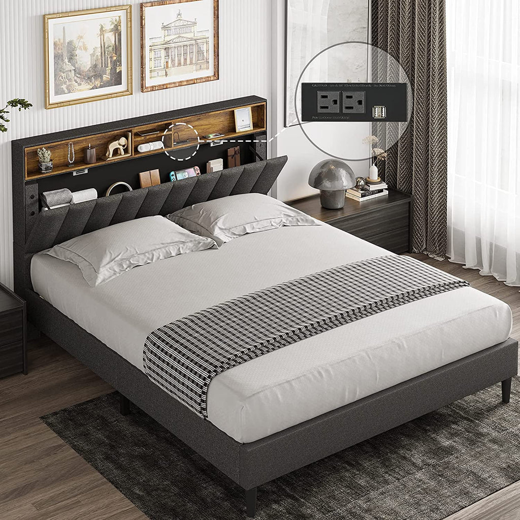 Queen Size Fabric Upholstered Platform Bed Frame with Storage Headboard H1892
