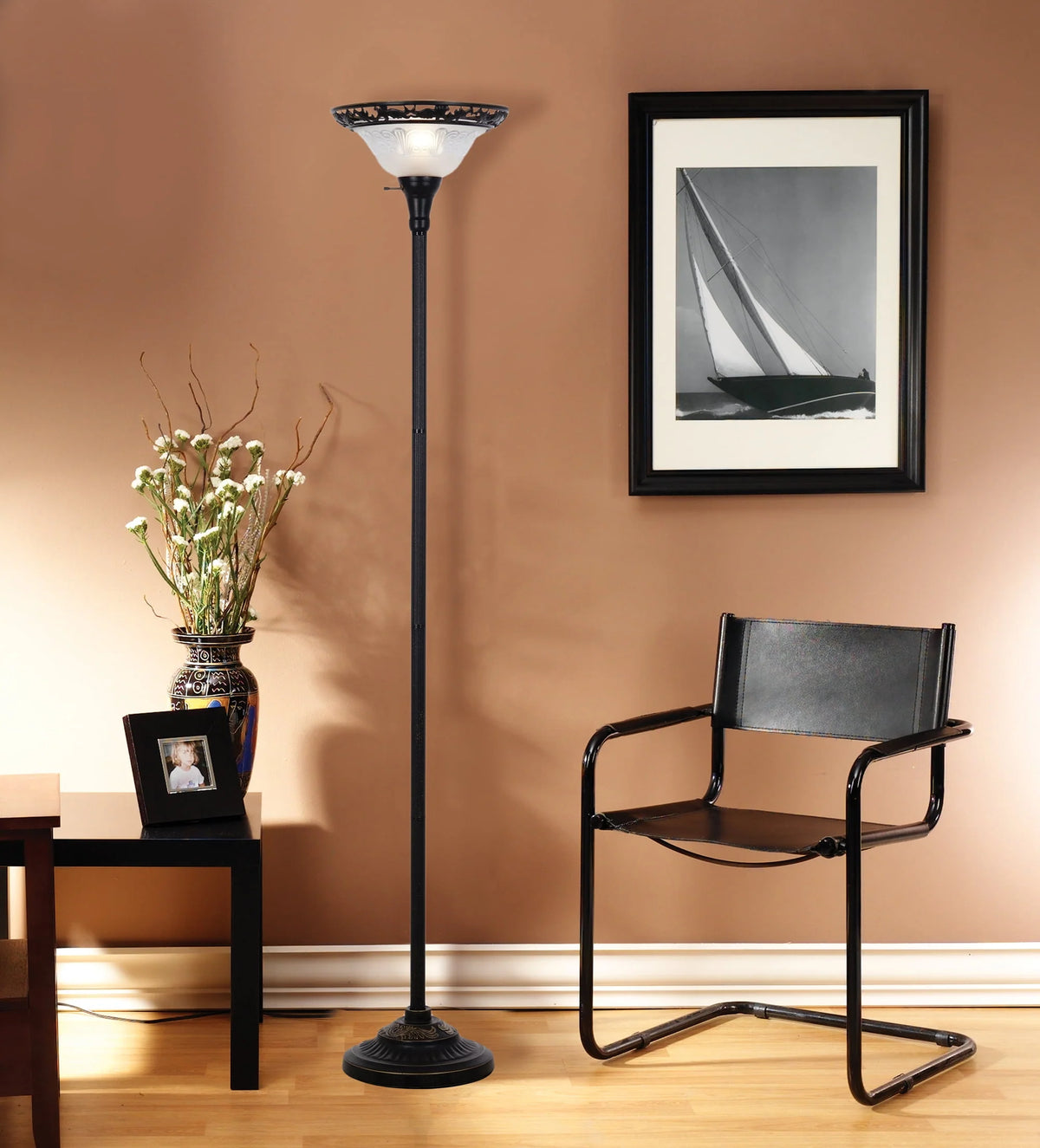Bronze Victorian Floor Lamp with Etched Glass Shade P333