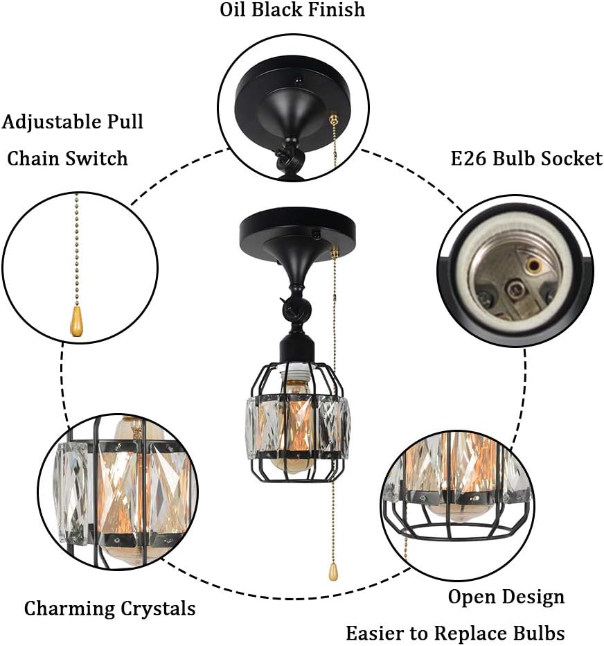 Black Metal Round Semi Flush Mount Ceiling Light with Pull Chain 3 Lights E26 J131
