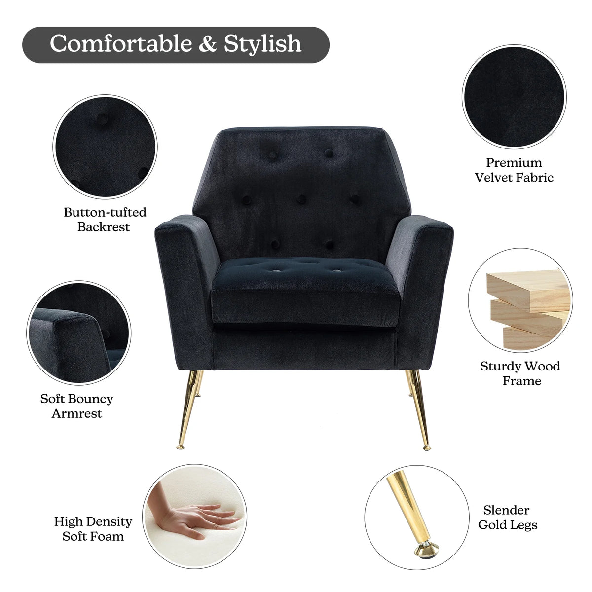 Black Velvet Upholstered Armchair Set of 2 D7278